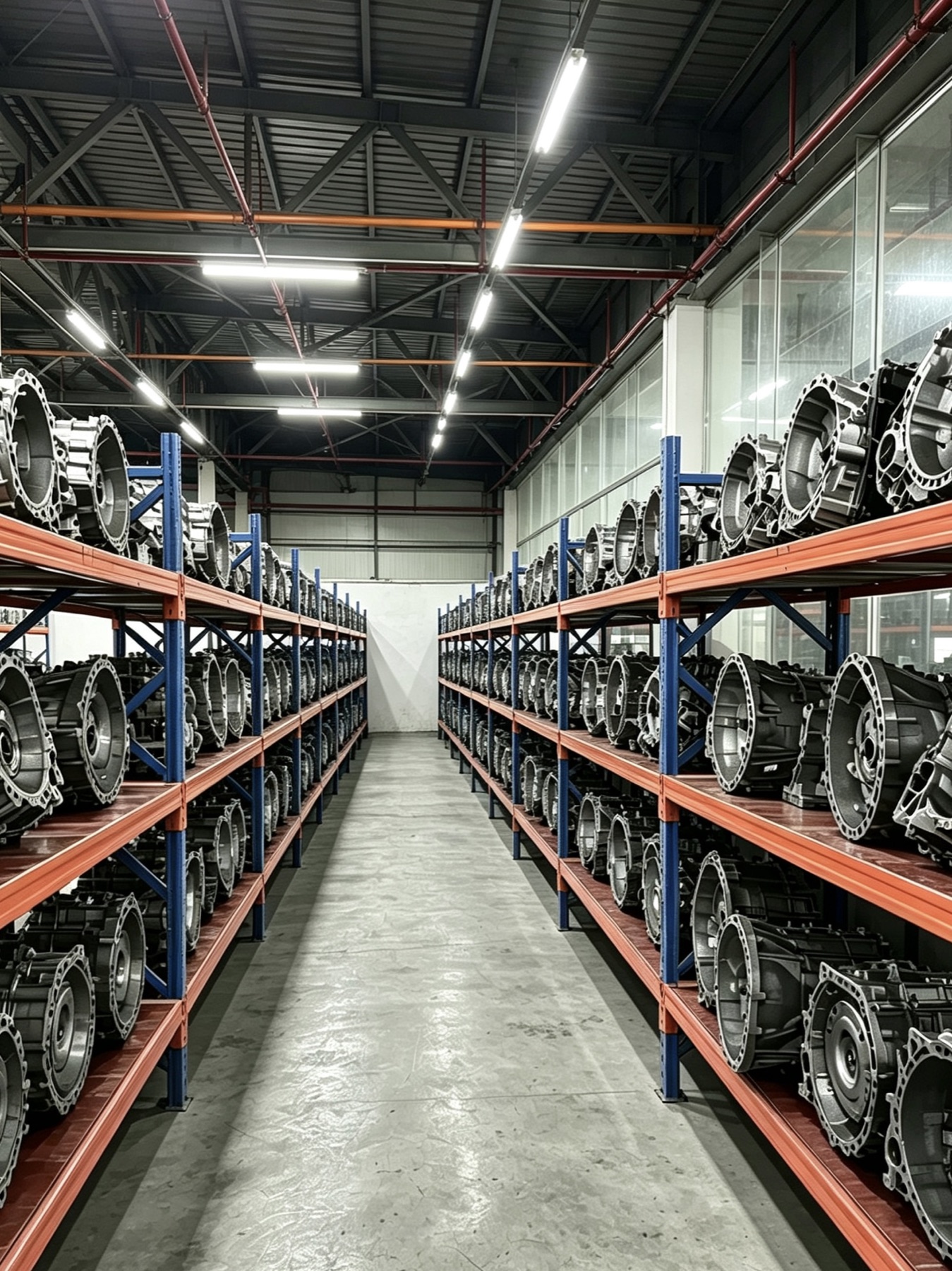 Company-provided presentation image of transmission housings and core units on racks