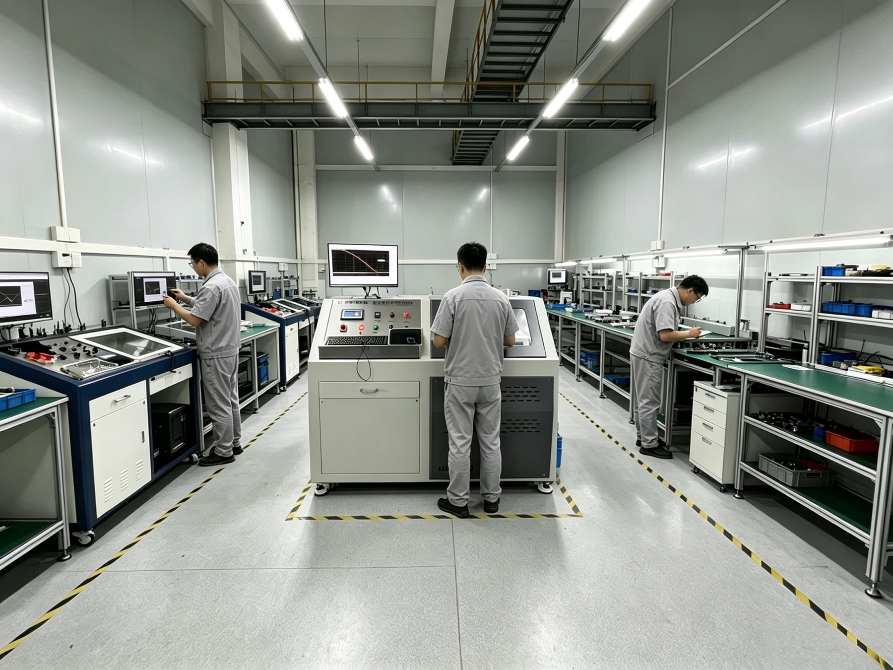 Company-provided presentation image of technicians at inspection and electronic test stations